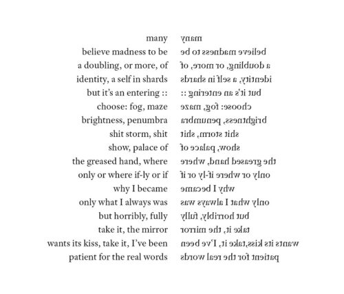 Image of "Mirror," a poem that consists of two columns. On the left is the readable text of the poem. On the right is that text mirrored from left to right. Full text below.