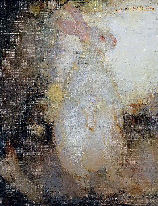 Painting: a plump white rabbit, with shaggy fur and pink eyes, stands against an abstract background.