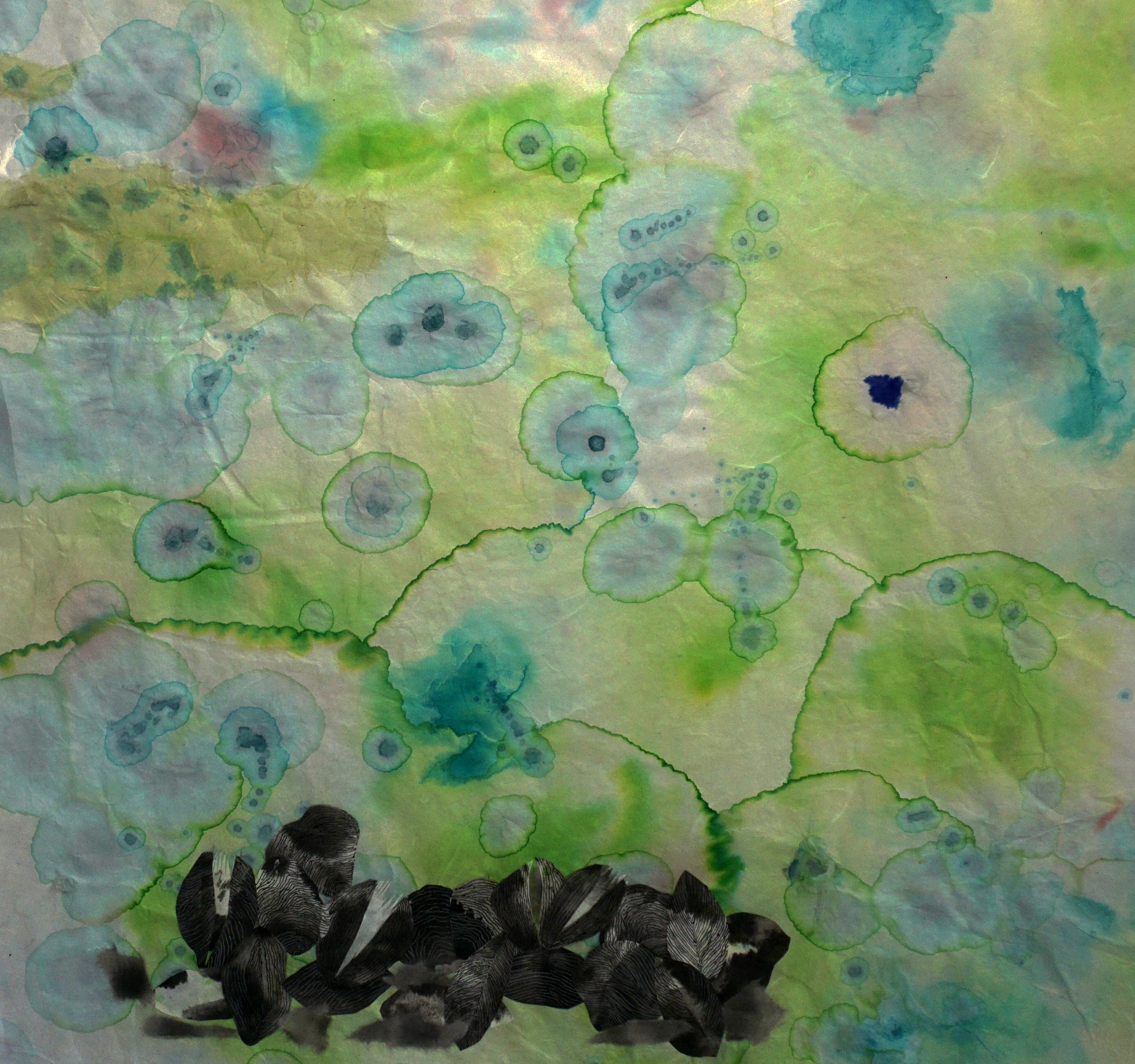 Light blue, purple, and light green splotches form a pattern on crumpled paper. At the bottom of the paper, striated black mussel-like shapes are clumped together.