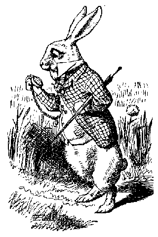 Illustration: the White Rabbit, wearing a plaid coat, waistcoat, and cravat, looks anxiously at his pocket watch. He has an umbrella tucked under his arm.