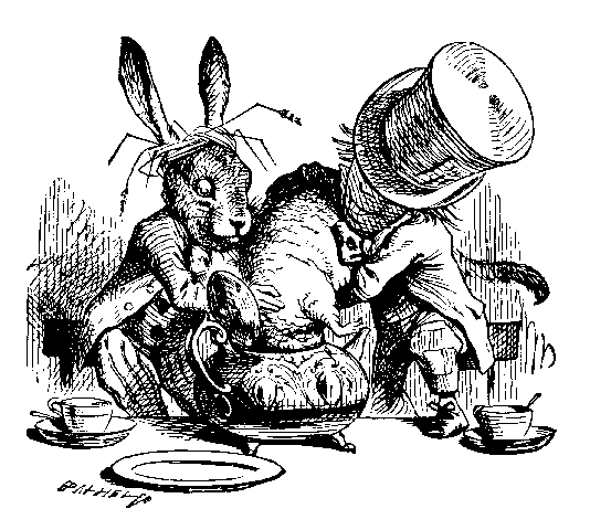 Illustration: the Mad Hatter and the March Hare in the process of removing an animal from a teapot.