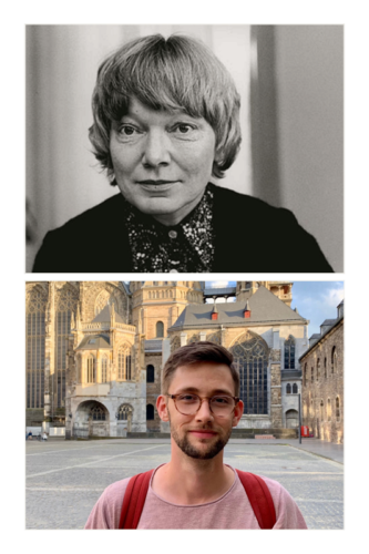 Top picture is a black-and-white image of a Danish woman with page-boy style cut, a dark sweater, and a dotted blouse. Bottom image is a color image of a white man with glasses and a light beard. He wears a pink shirt and backpack straps and stands in front of a cathedral.