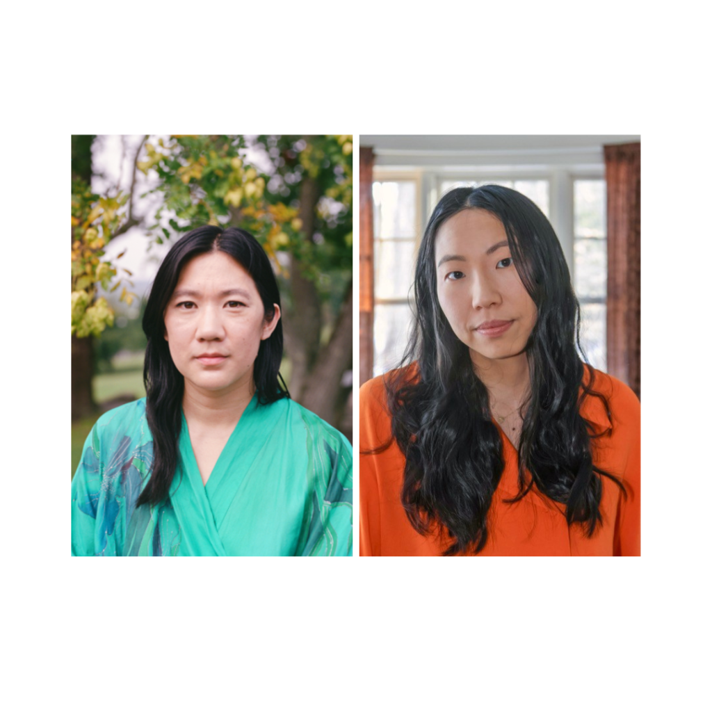 Side by side author photos of two Asian American women. Diana Khoi Nguyen is on the left. Nguyen is wearing an emerald green top and is standing outside below a tree. Cindy Juyoung Ok is on the right. Ok wears a bright orange top and stands by a window.