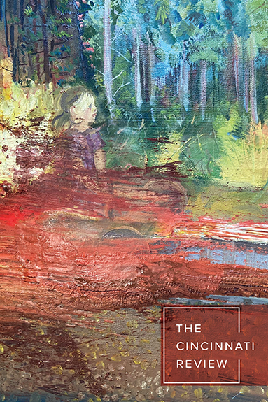 Cover of fall 2024 issue, 21.2. A red swath of paint over a painting of a girl in a forest. The girl is nearly obscured.