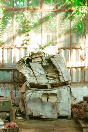 Piles of papers on stacked wooden pallets that are falling over and otherwise in ruins.