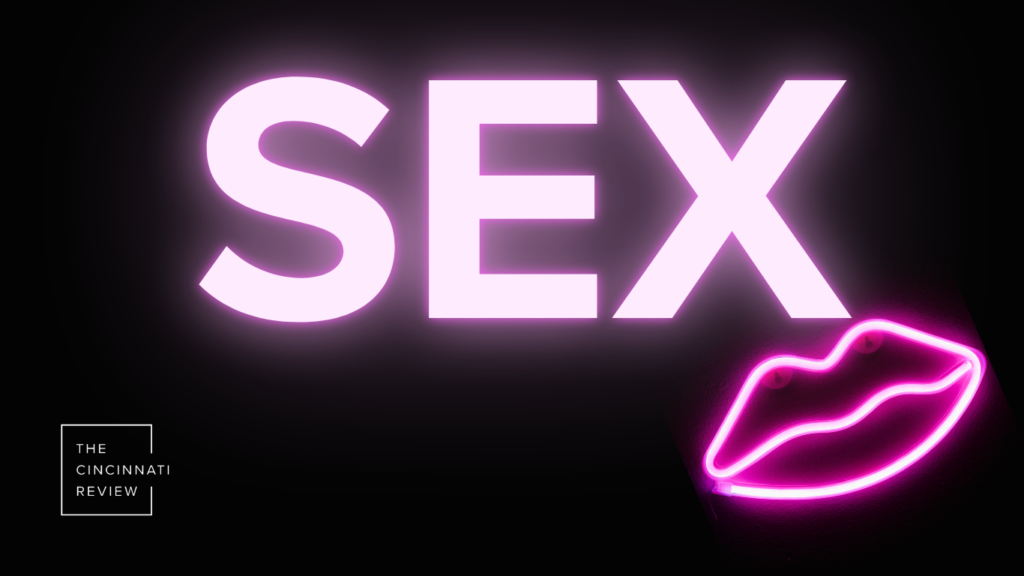 Text graphic that reads "Sex" in a large white sans-serif font that looks like it's shining white, with pink neon lips off to the right and the CR logo in white off to the left. Black background.